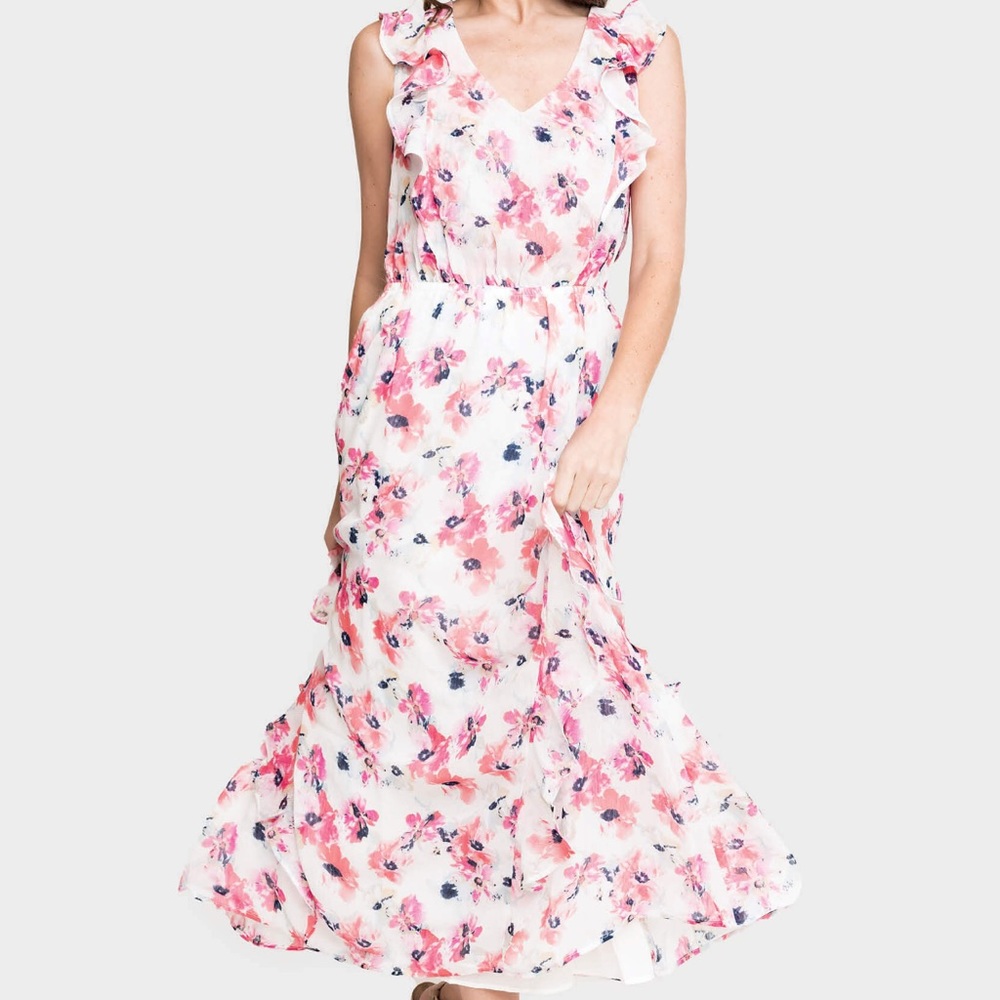 NWT Brand New gibsonlook Sleeveless V-Neck Ruffle Trim Maxi Dress